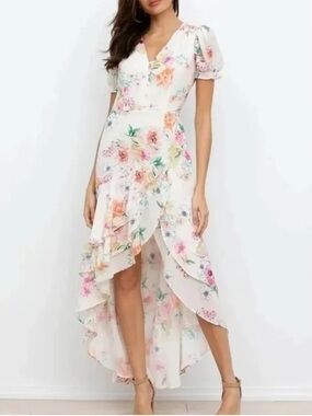 Yumi Kim Summer Love Dalia Cream Floral Tiered Ruffle High Low Maxi Dress L NWT